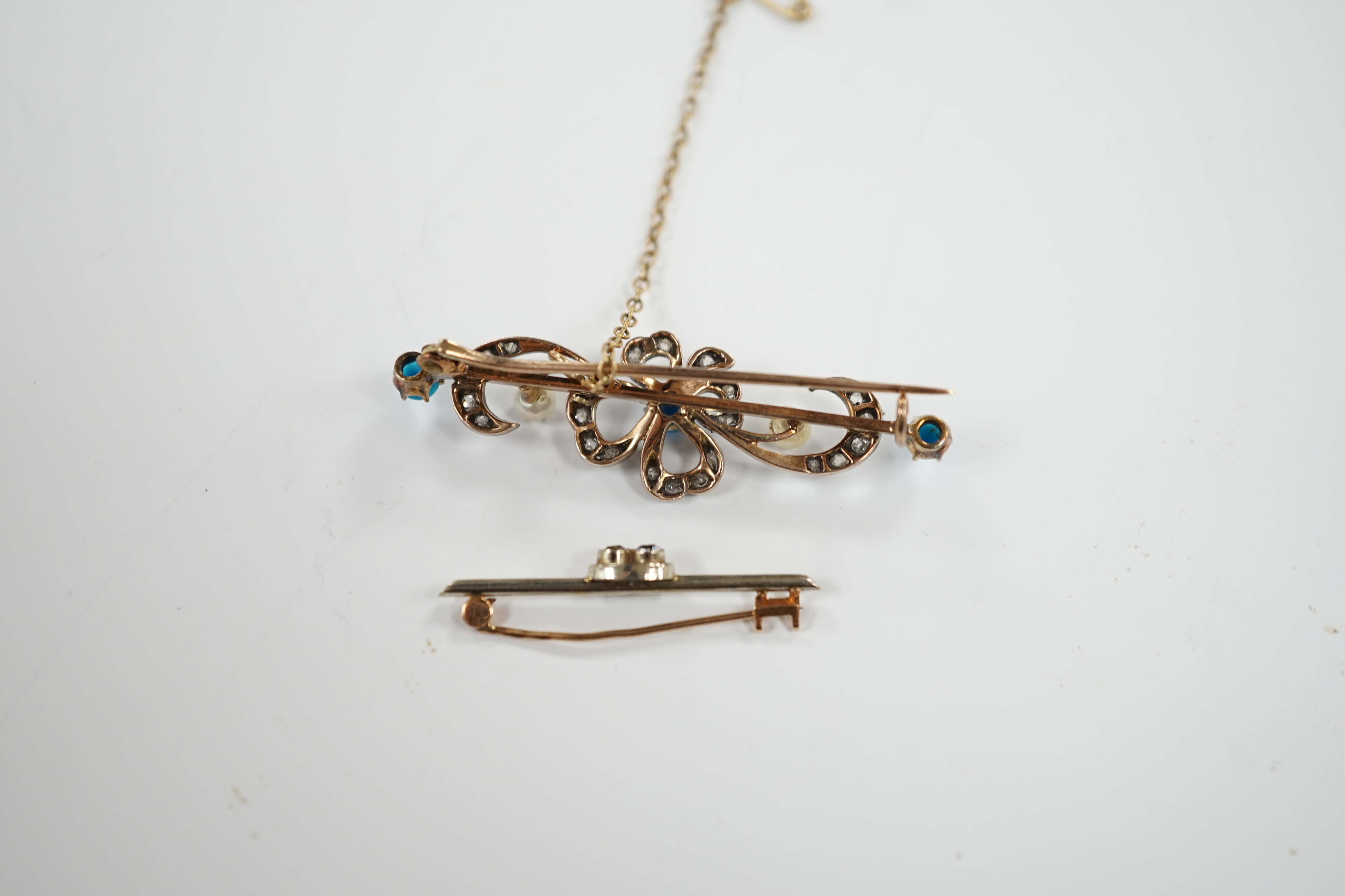 A Victorian yellow metal turquoise and rose cut diamond set bar brooch, 47mm and a simulated diamond set bar brooch.